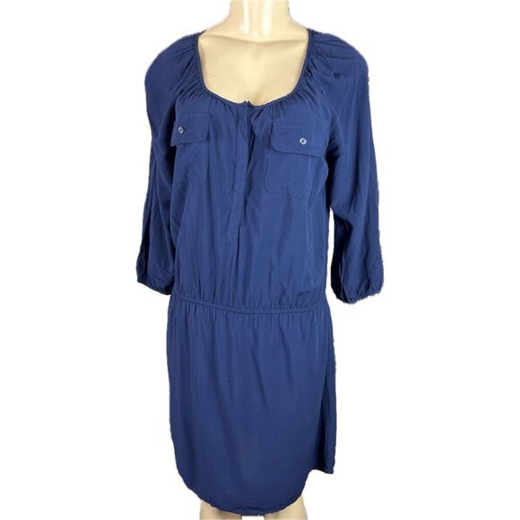 Old Navy M Navy Drop Waist Button Neck Pockets Curved Hem 3/4 Sleeve Short Dress - Picture 2 of 6